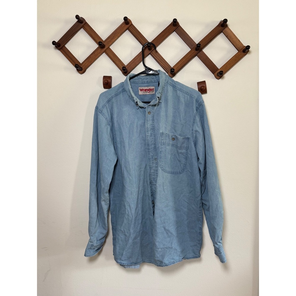 Wrangler Rugged Wear Mens Light Wash Denim Button‎ Down Shirt Large L/G Cotton